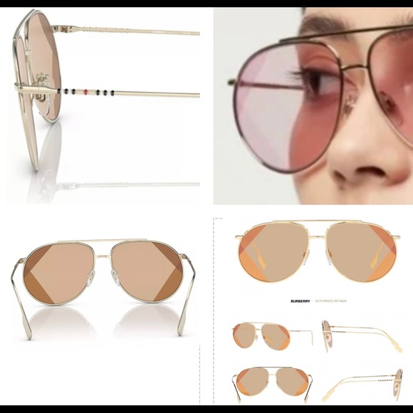 BURBERRY PILOT GOLD-TONE METAL AVIATORS WITH 2 TONE DESIGN DETAILING ON LENSES - Picture 9 of 16